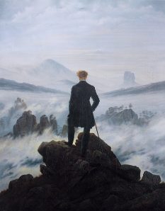 man at high altitude painting